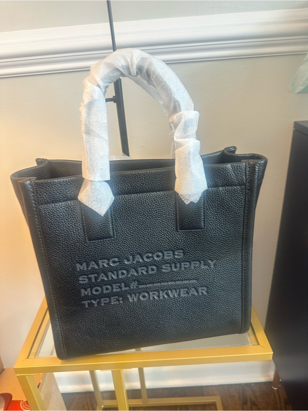 Marc Jacobs Black Pebbled Leather Tote with Logo Print